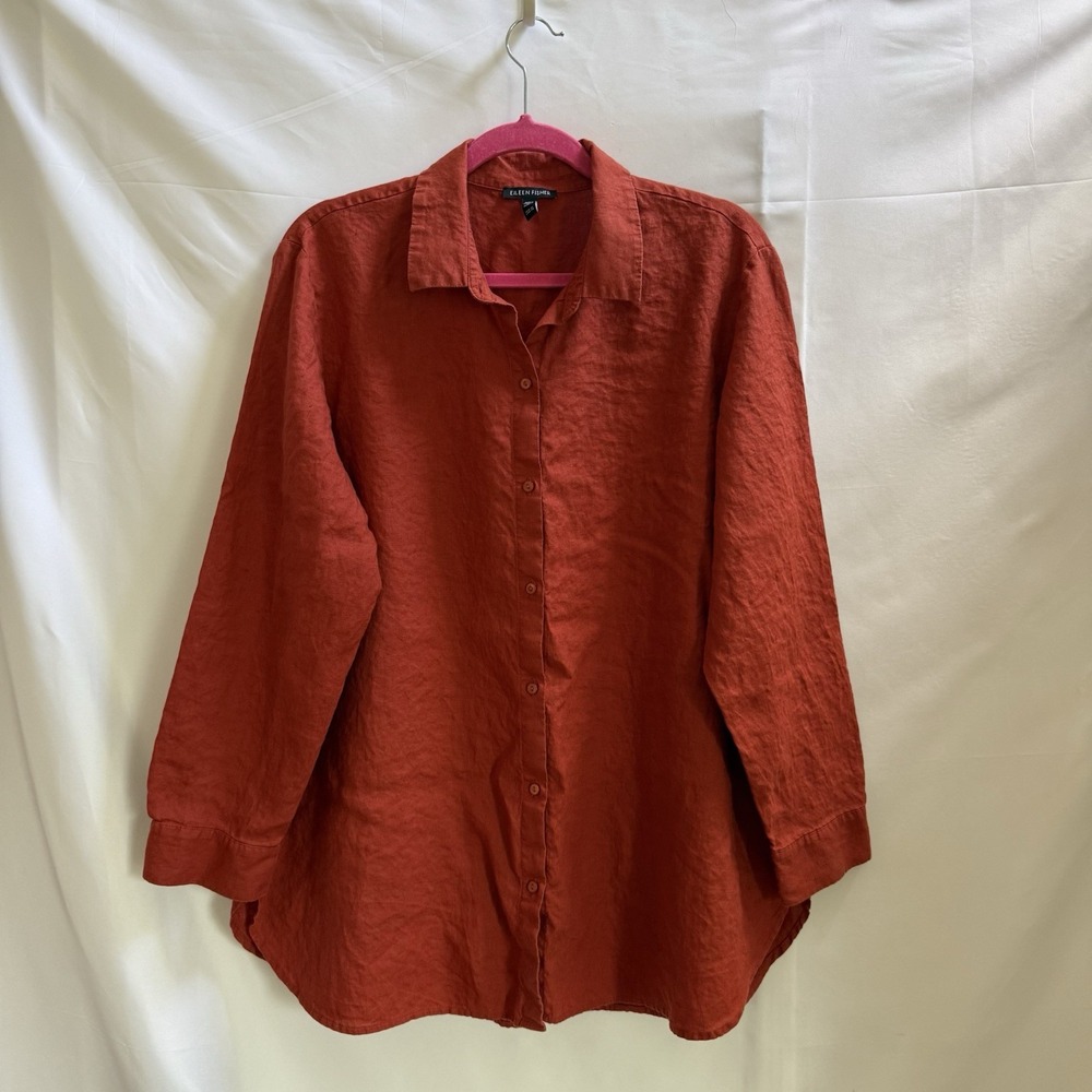 Eileen Fisher Button Down XL Rust Terracotta Green Organic Linen Oversized Shirt
